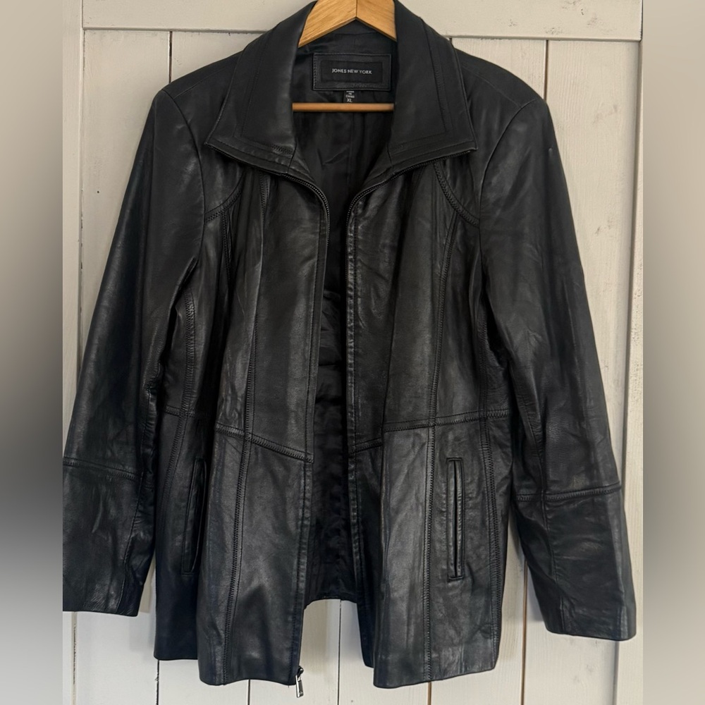 Jones New York Black Leather Zip-Front Jacket
